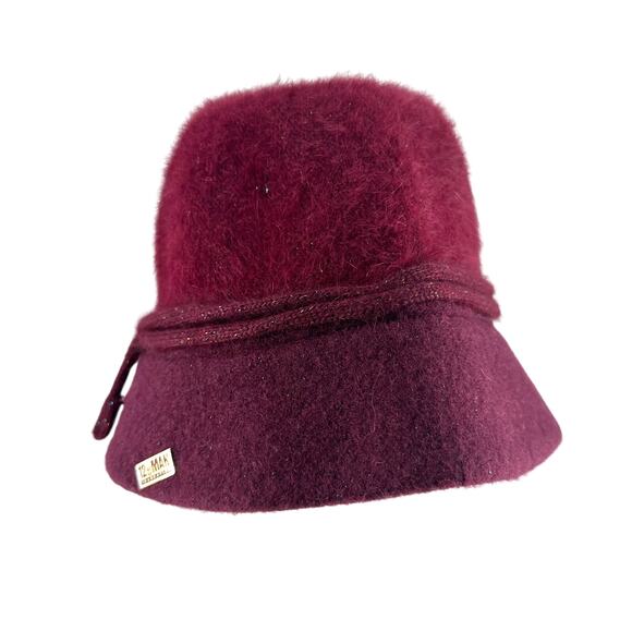 Nine West Maroon Wool Blend Rabbit Angora Bucket Hat Winter Cloche 12th man pin - Picture 1 of 7
